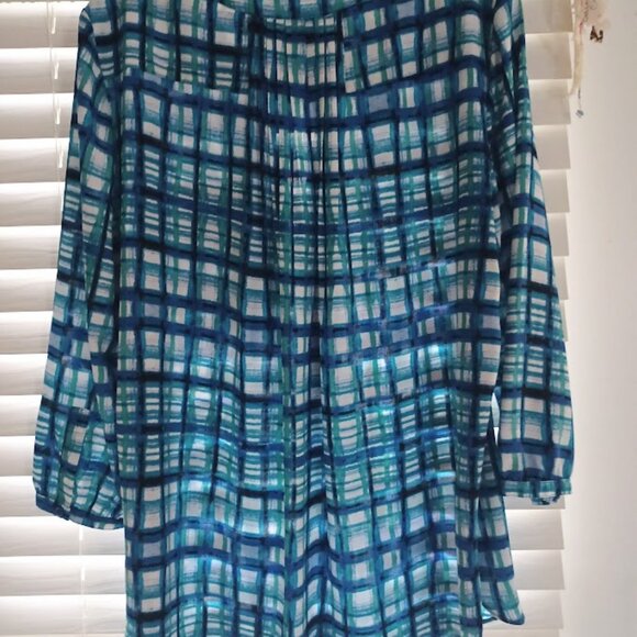 NYDJ L Blue Green Painterly Plaid Chiffon Tunic Top 3/4 Sleeve Pullover - Picture 8 of 8